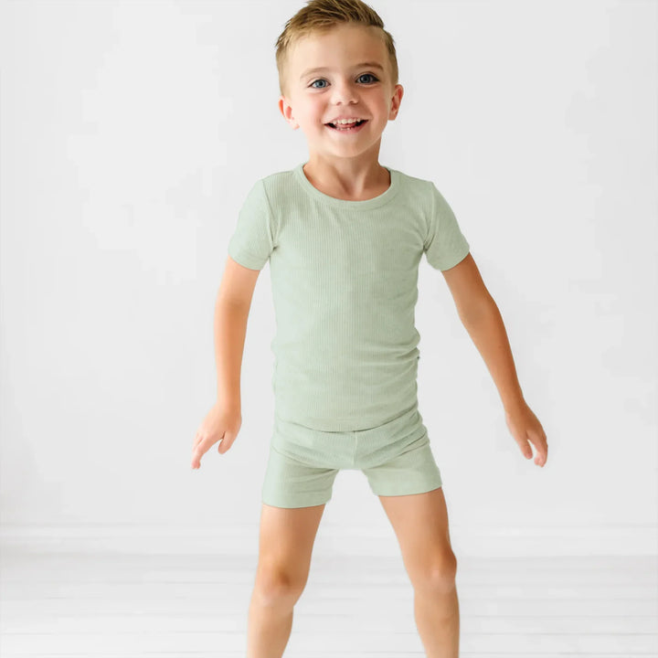 Sweet Sage Ribbed Two Piece Short Sleeve Shorts Pajama Set , Sweet Sage Ribbed Two Piece Short Sleeve Shorts Pajama Set - 12-18M