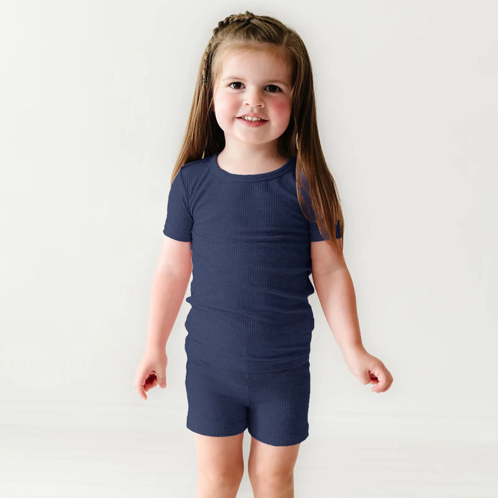 Midnight Blue Ribbed Two Piece Short Sleeve Short Pajama Set , Midnight Blue Ribbed Two Piece Short Sleeve Short Pajama Set - 12-18M