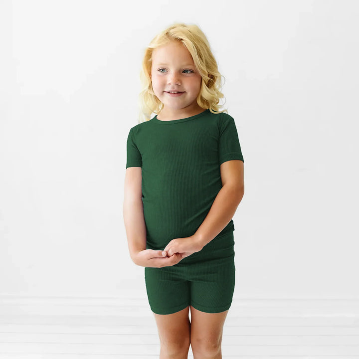 Forest Green Ribbed Two Piece Short Sleeve Shorts Pajama Set , Forest Green Ribbed Two Piece Short Sleeve Shorts Pajama Set - 12-18M
