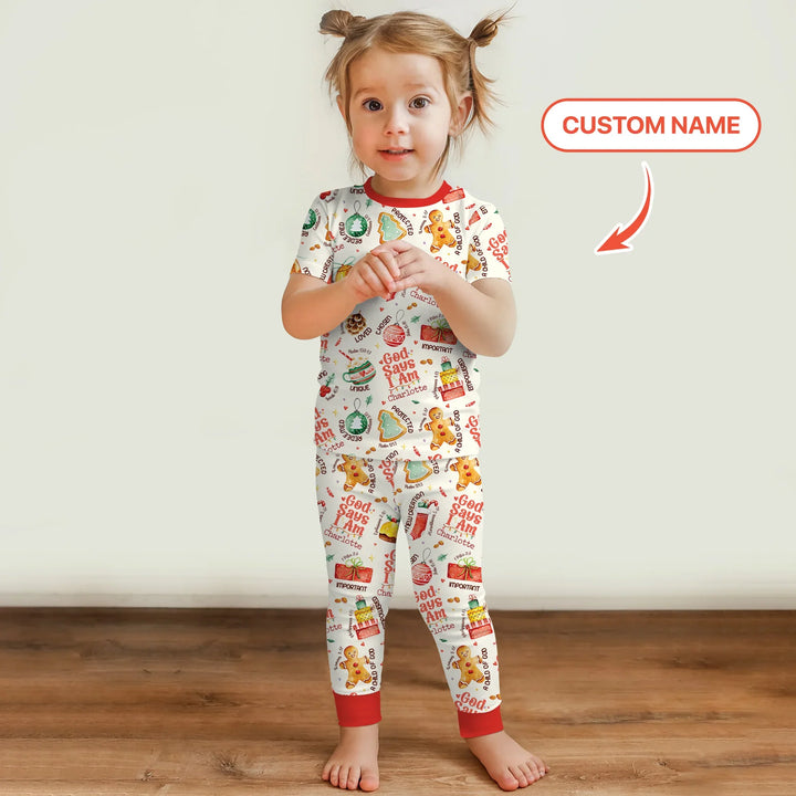 God Says I Am Custom Name Joyful Christmas Two Piece Short Sleeve Pajama Set , God Says I Am Custom Name Joyful Christmas Two Piece Short Sleeve Pajama Set - 12-18M