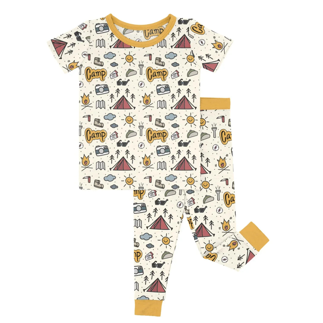 Yellow Camping Two Piece Short Sleeve Pajama Set , Yellow Camping Two Piece Short Sleeve Pajama Set - 12-18M