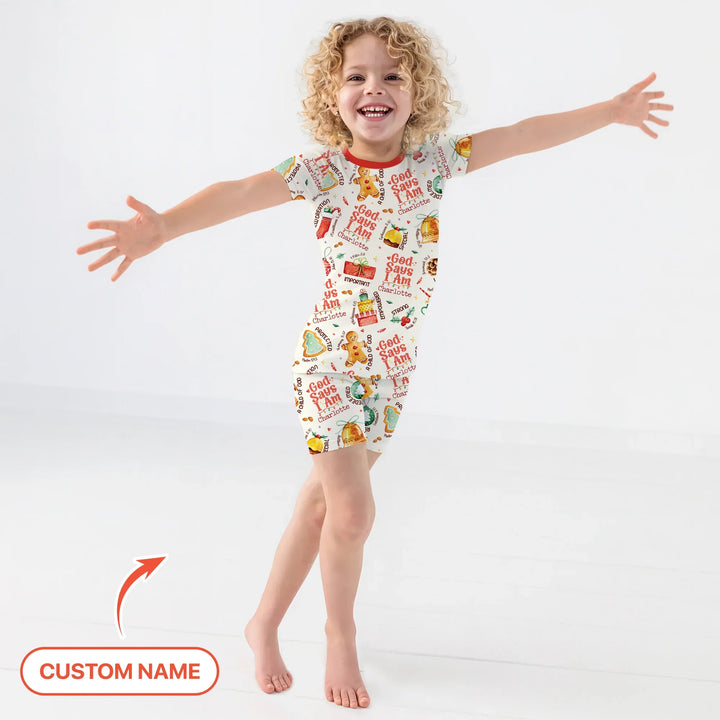 God Says I Am Custom Name Joyful Christmas Two Piece Short Sleeve Shorts Pajama Set , God Says I Am Custom Name Joyful Christmas Two Piece Short Sleeve Shorts Pajama Set - 12-18M
