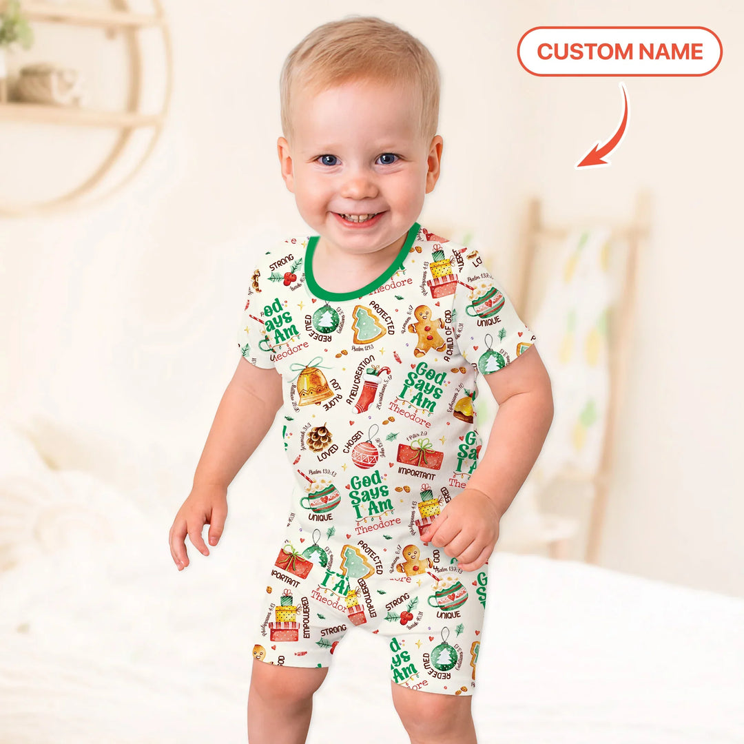 God Says I Am Custom Name Joyful Christmas Two Piece Short Sleeve Shorts Pajama Set , God Says I Am Custom Name Joyful Christmas Two Piece Short Sleeve Shorts Pajama Set - 12-18M
