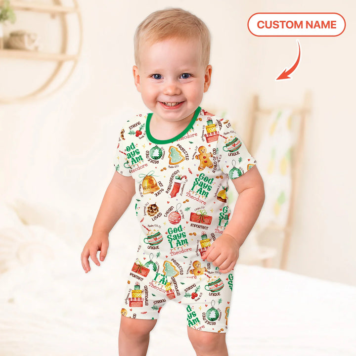 God Says I Am Custom Name Joyful Christmas Two Piece Short Sleeve Shorts Pajama Set , God Says I Am Custom Name Joyful Christmas Two Piece Short Sleeve Shorts Pajama Set - 12-18M
