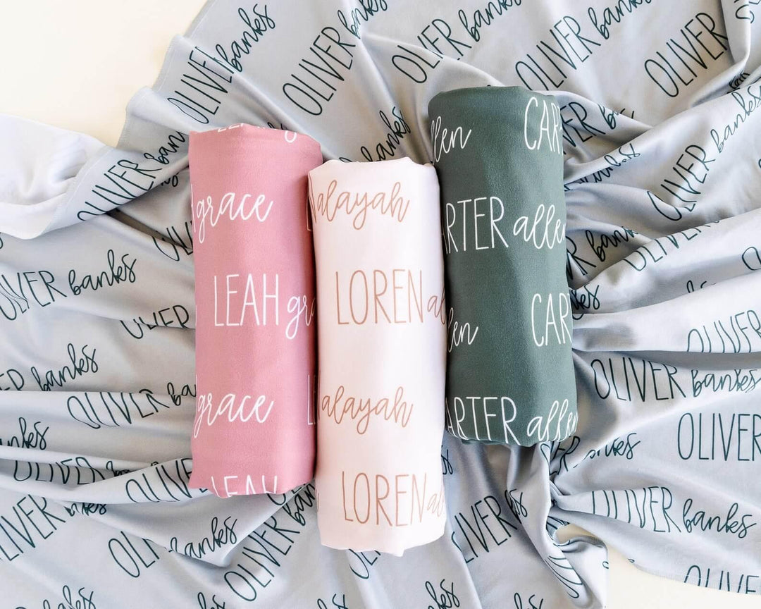 Personalized Baby Name Swaddle Blanket Font Duo , Personalized Baby Name Swaddle Blanket Font Duo - Script / American Blue