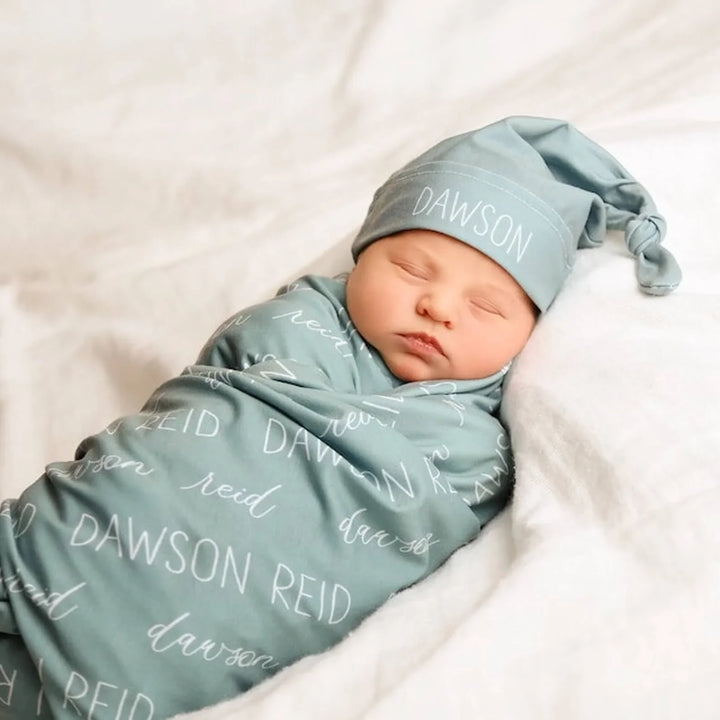 Personalized Baby Name Swaddle Blanket Block & Script , Personalized Baby Name Swaddle Blanket Block & Script - Script / American Blue