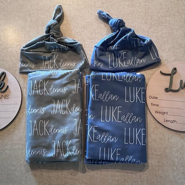 Personalized Baby Name Swaddle Blanket Font Duo , Personalized Baby Name Swaddle Blanket Font Duo - Script / American Blue