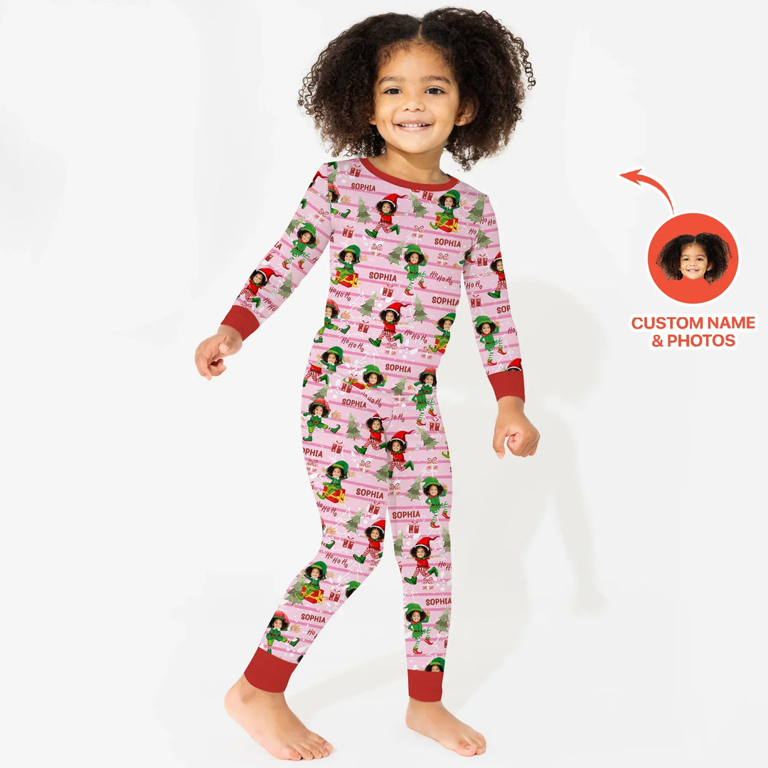 Custom Photo Baby Christmas Elf Two Piece Long Sleeve Pajama Set