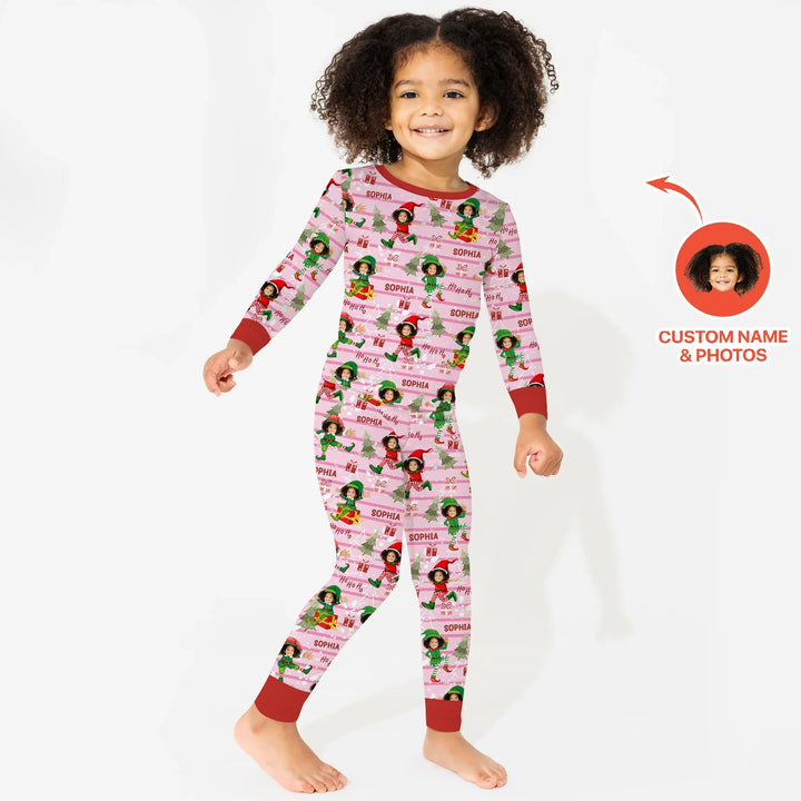 Custom Photo Baby Christmas Elf Two Piece Long Sleeve Pajama Set