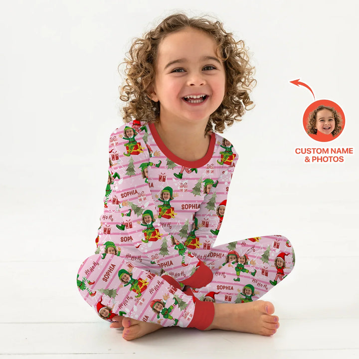 Custom Photo Baby Christmas Elf Two Piece Long Sleeve Pajama Set