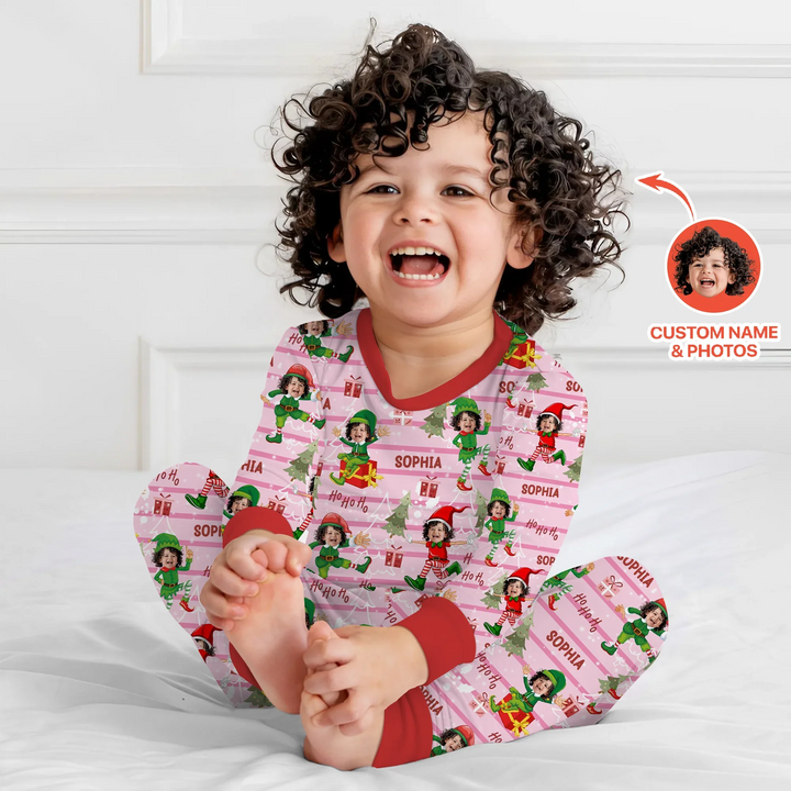 Custom Photo Baby Christmas Elf Two Piece Long Sleeve Pajama Set