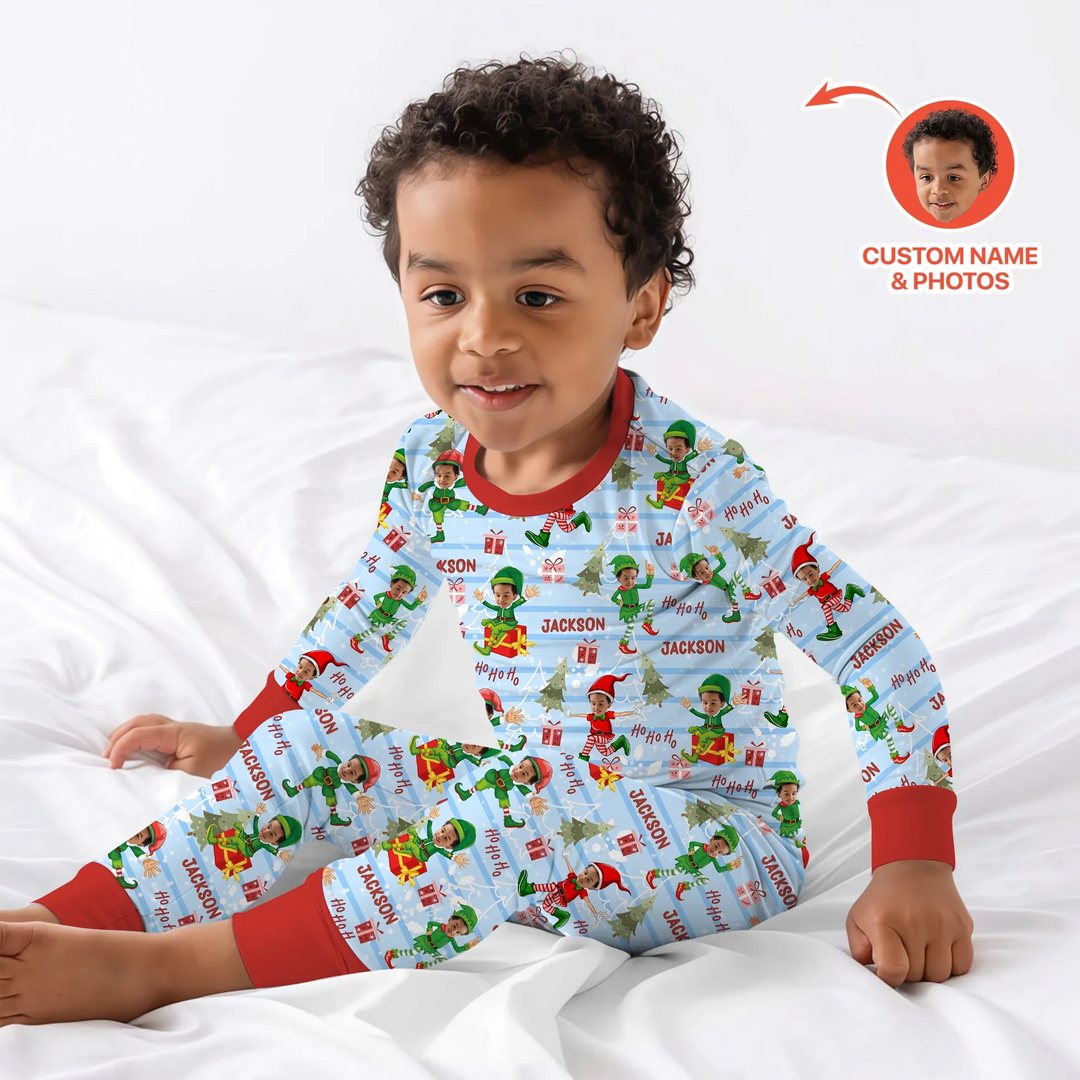 Custom Photo Baby Christmas Elf Two Piece Long Sleeve Pajama Set