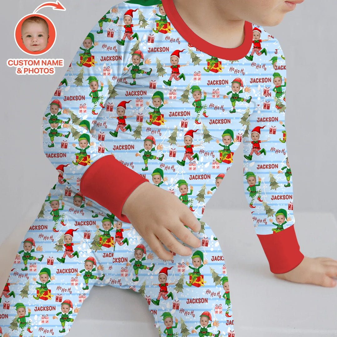 Custom Photo Baby Christmas Elf Two Piece Long Sleeve Pajama Set