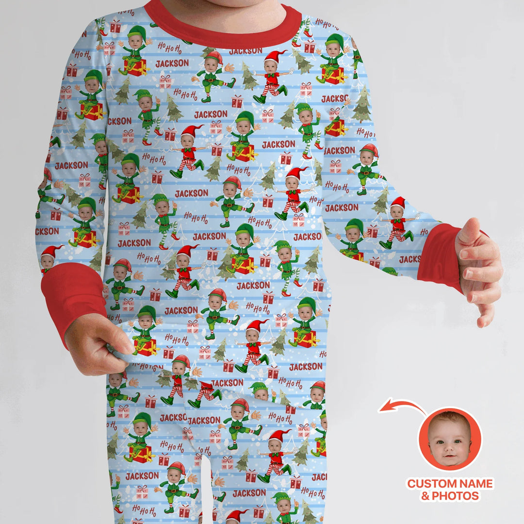 Custom Photo Baby Christmas Elf Two Piece Long Sleeve Pajama Set