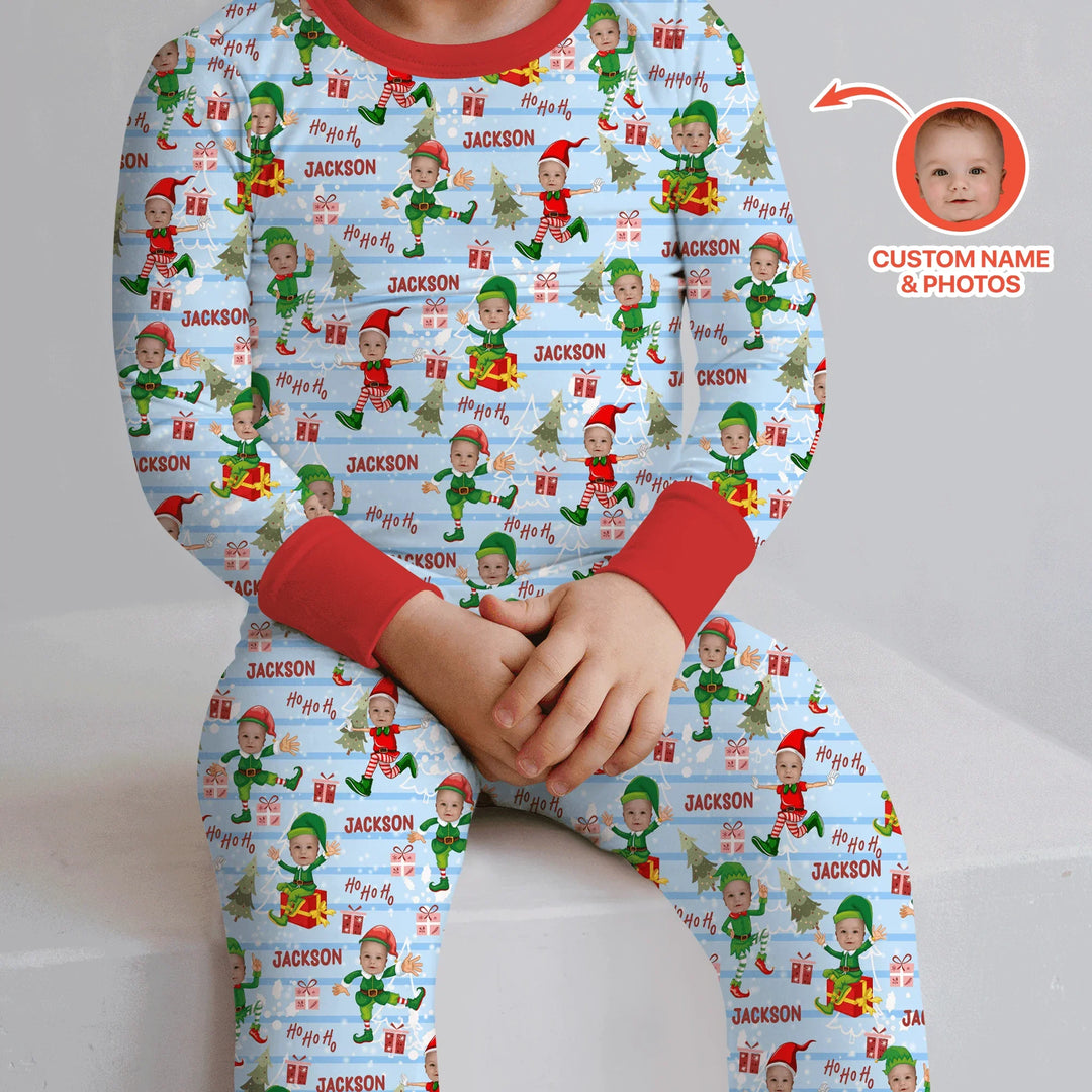 Custom Photo Baby Christmas Elf Two Piece Long Sleeve Pajama Set