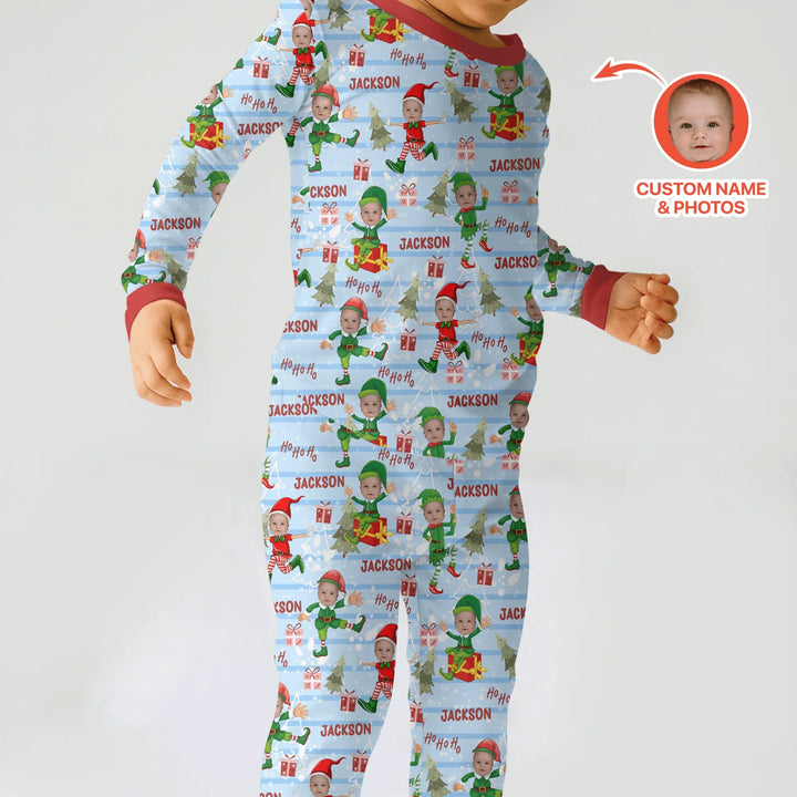 Custom Photo Baby Christmas Elf Two Piece Long Sleeve Pajama Set