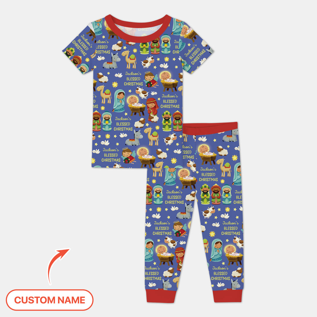 Custom Name Blessed Christmas Night Two Piece Short Sleeve Pajama Set