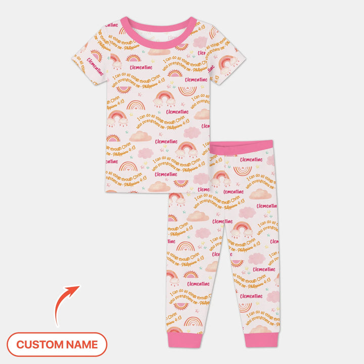 I Can Do All Things Through Christ Custom Name Two Piece Short Sleeve Pajama Set , I Can Do All Things Through Christ Custom Name Two Piece Short Sleeve Pajama Set - 12-18M