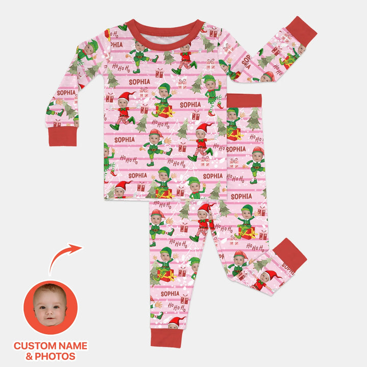 Custom Photo Baby Christmas Elf Two Piece Long Sleeve Pajama Set