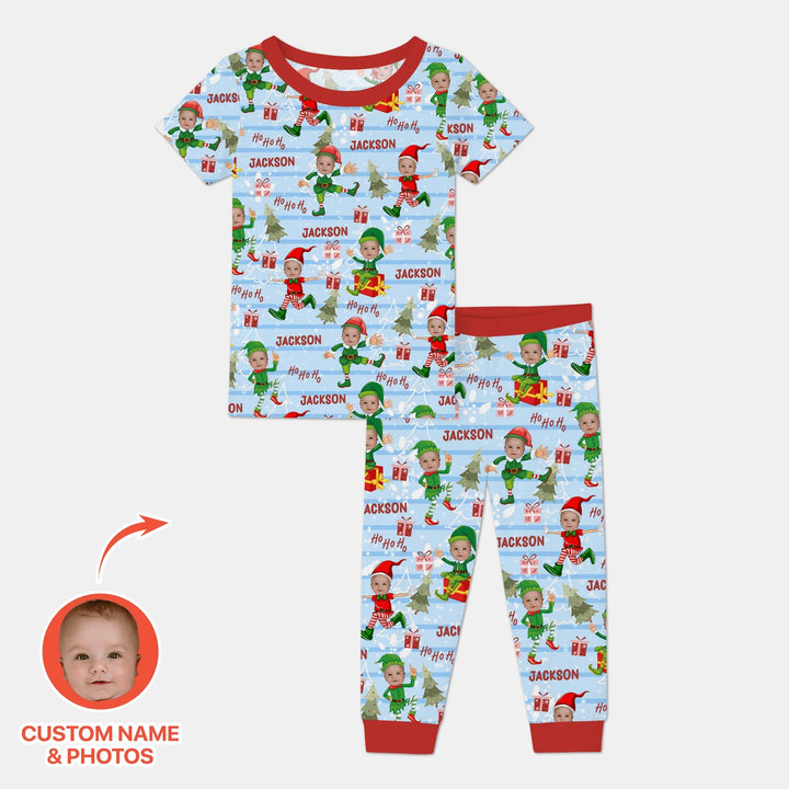Custom Photo Baby Christmas Elf Two Piece Short Sleeve Pajama Set