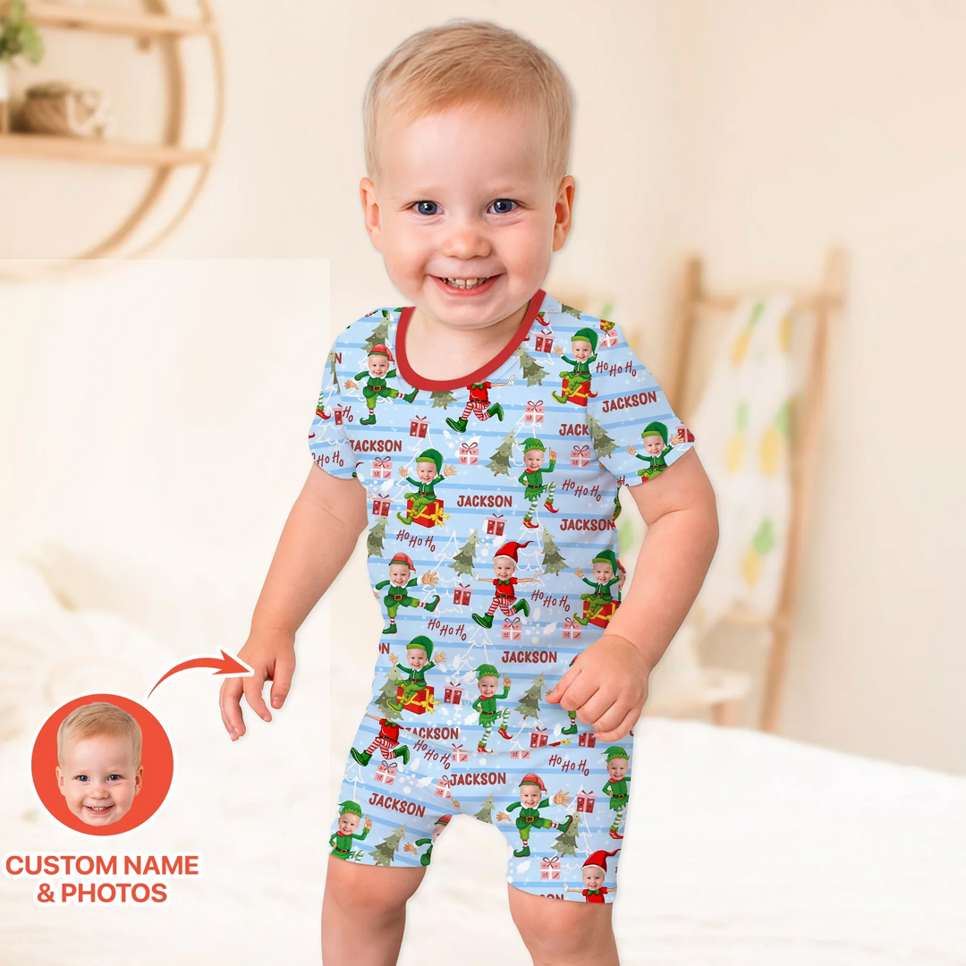 Custom Photo Baby Christmas Elf Two Piece Short Sleeve Shorts Pajama Set