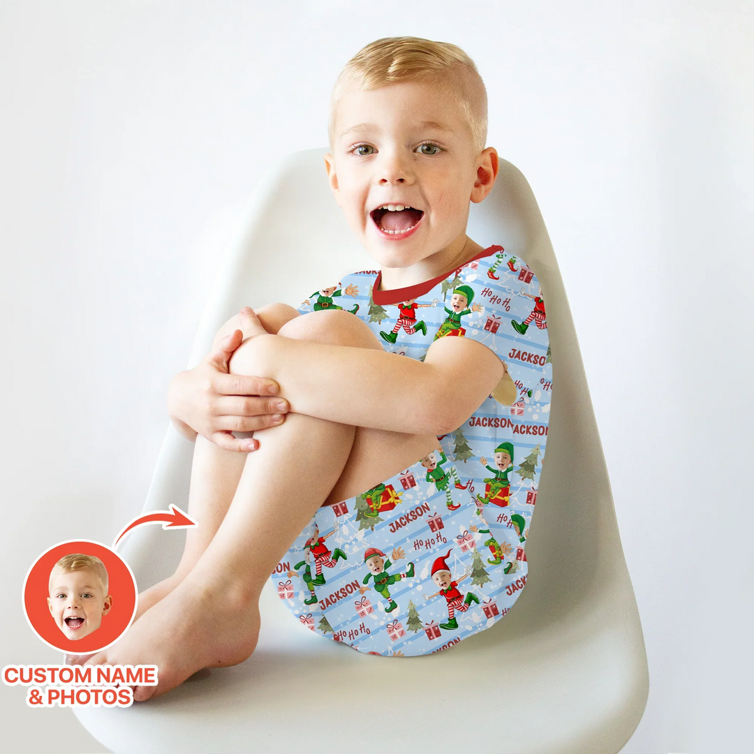 Custom Photo Baby Christmas Elf Two Piece Short Sleeve Shorts Pajama Set