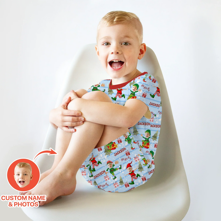 Custom Photo Baby Christmas Elf Two Piece Short Sleeve Shorts Pajama Set