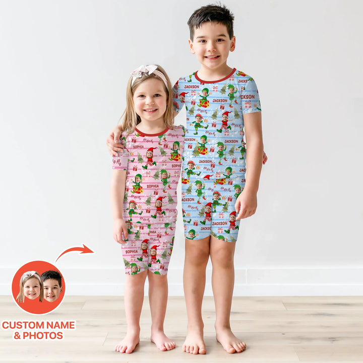 Custom Photo Baby Christmas Elf Two Piece Short Sleeve Shorts Pajama Set