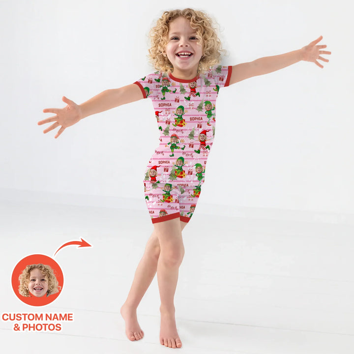 Custom Photo Baby Christmas Elf Two Piece Short Sleeve Shorts Pajama Set