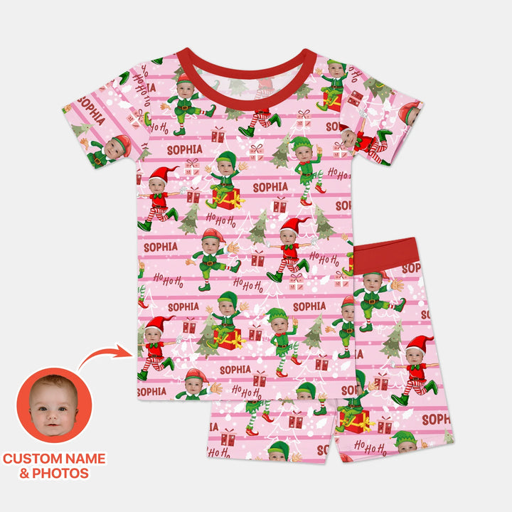 Custom Photo Baby Christmas Elf Two Piece Short Sleeve Shorts Pajama Set