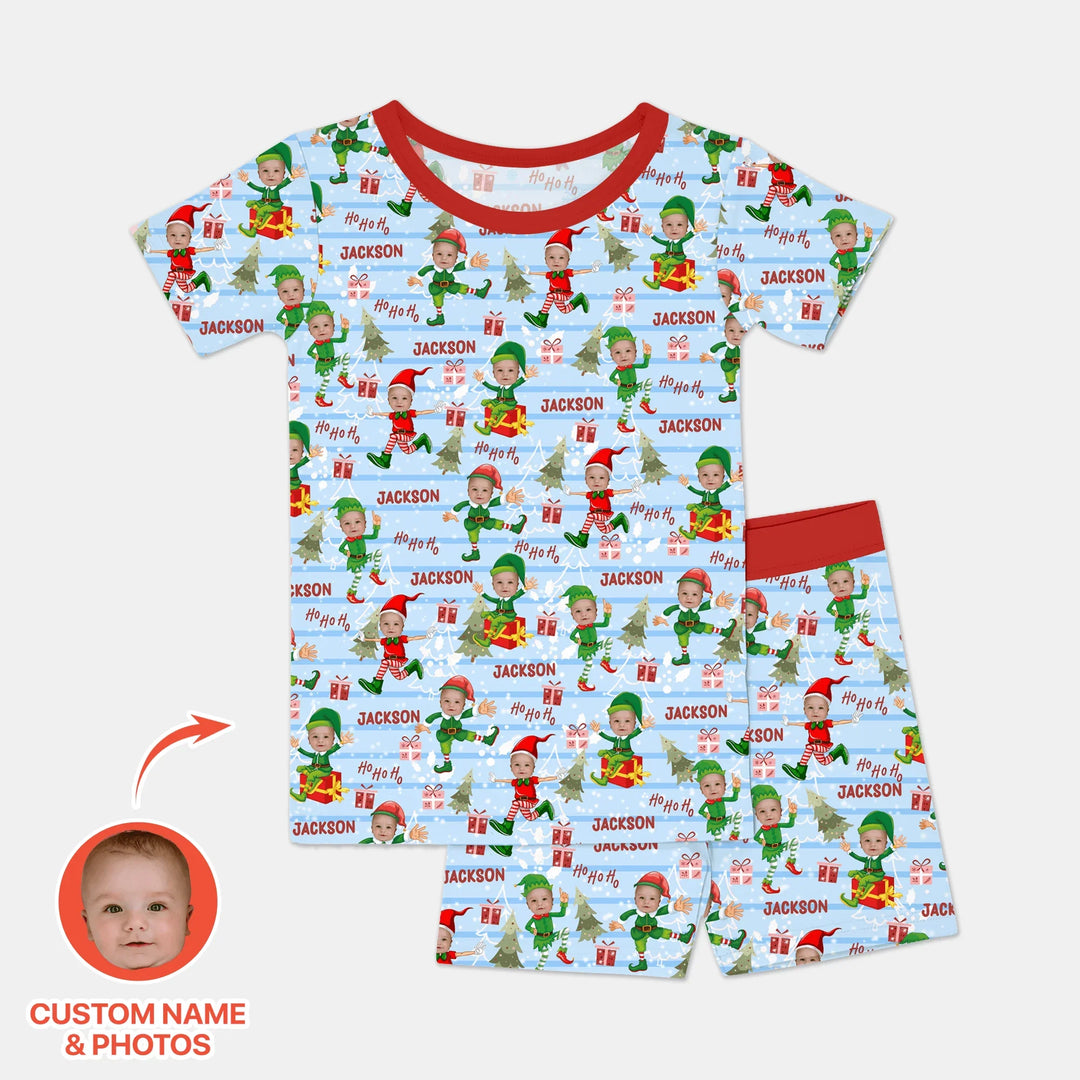 Custom Photo Baby Christmas Elf Two Piece Short Sleeve Shorts Pajama Set