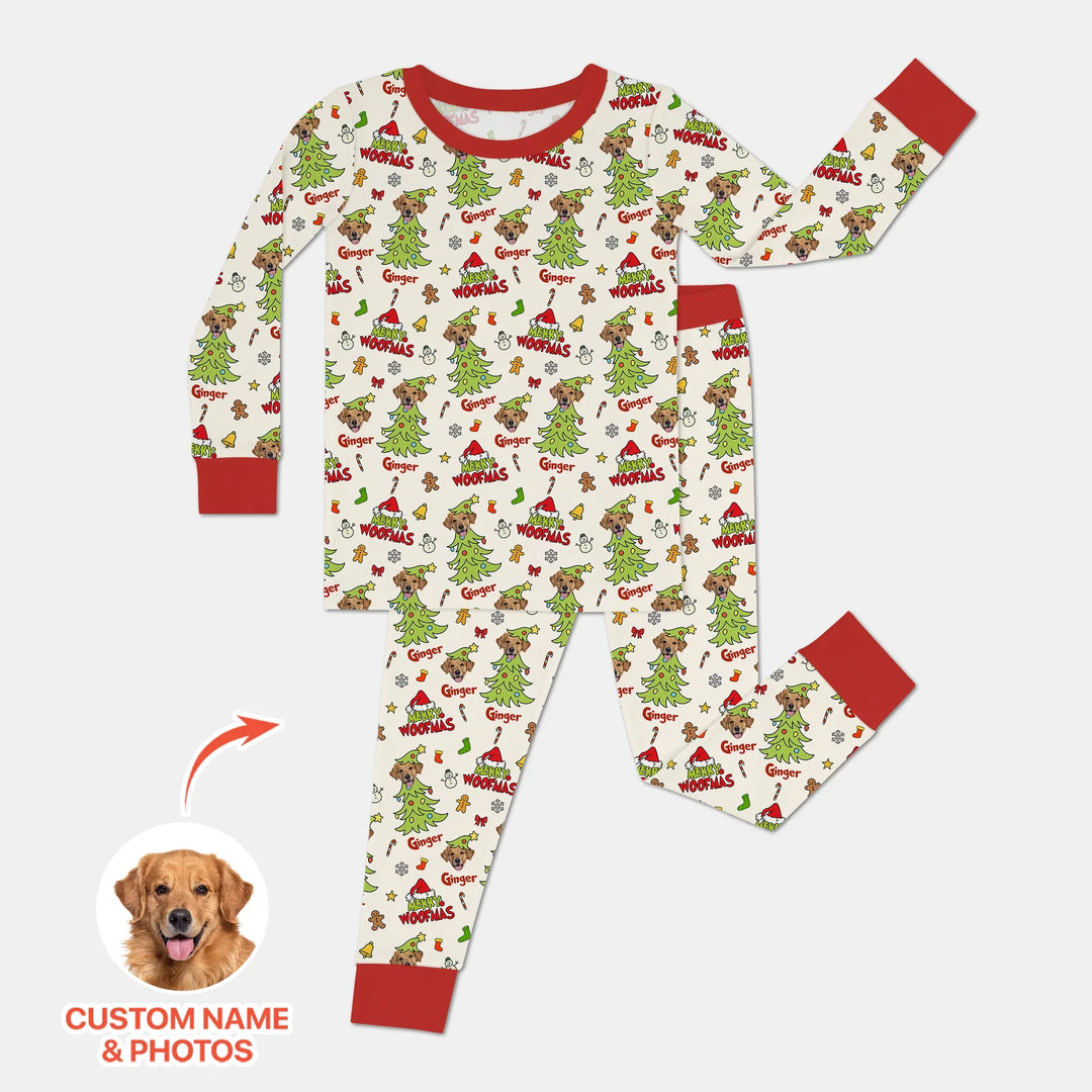 Custom Dog Photo Merry Woofmas Two Piece Long Sleeve Pajama Set