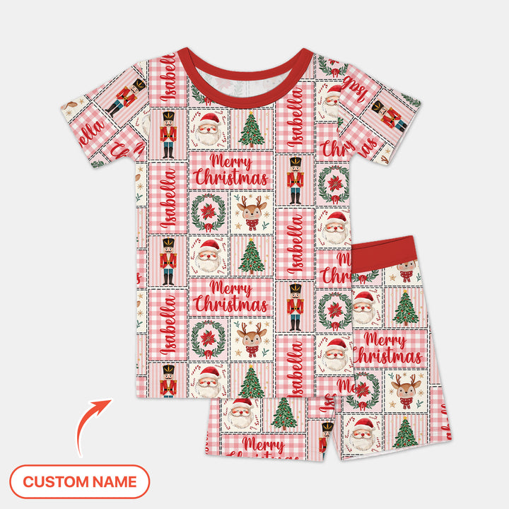 Merry Patchwork Christmas Custom Name Two Piece Short Sleeve Shorts Pajama Set