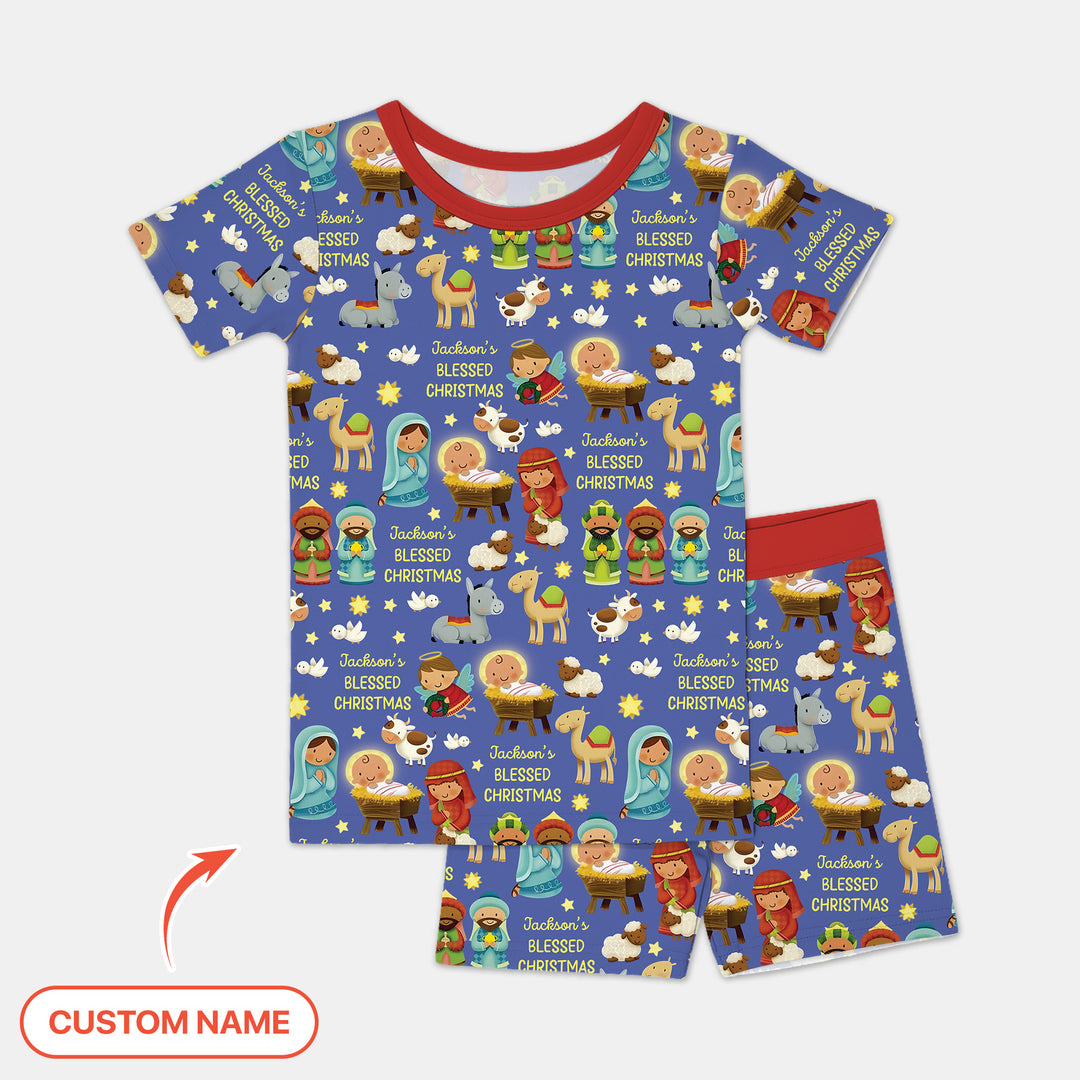 Custom Name Blessed Christmas Night Two Piece Short Sleeve Shorts Pajama Set