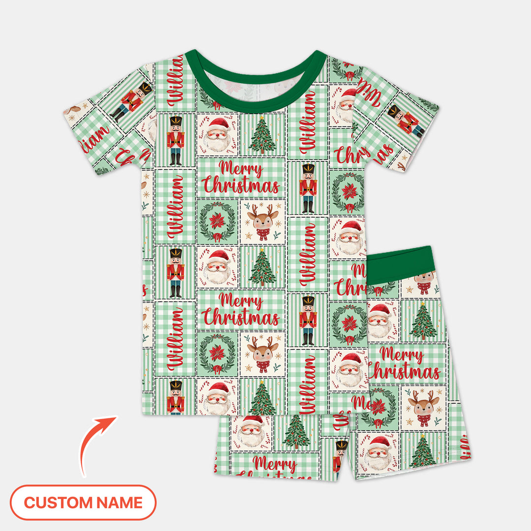 Merry Patchwork Christmas Custom Name Two Piece Short Sleeve Shorts Pajama Set
