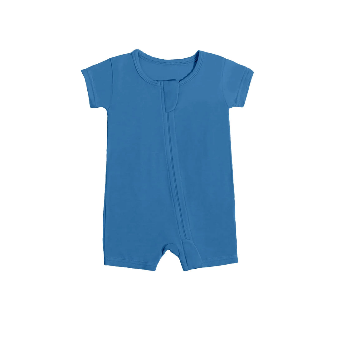 Shorty Zippered Romper in Steel Blue , Shorty Zippered Romper in Steel Blue - 0-3M