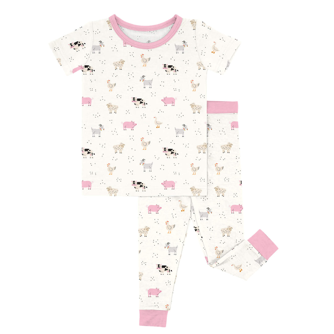 Rosa Pyjama-Set mit verschlafenen Bauernhoftieren, zweiteilig, kurzärmlig