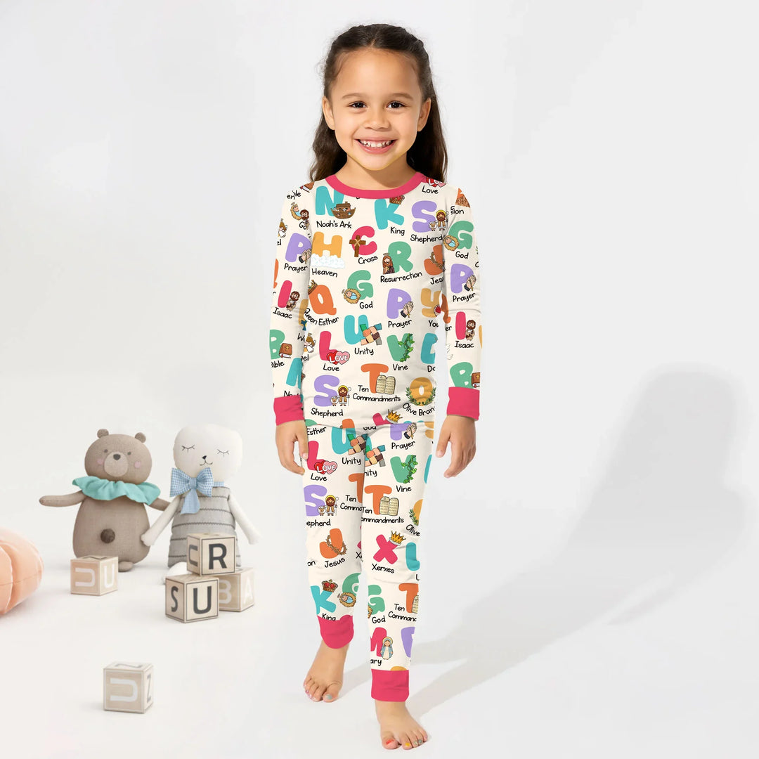 Biblical Alphabet Two Piece Long Sleeve Pajama Set , Biblical Alphabet Two Piece Long Sleeve Pajama Set - 12-18M / Teal