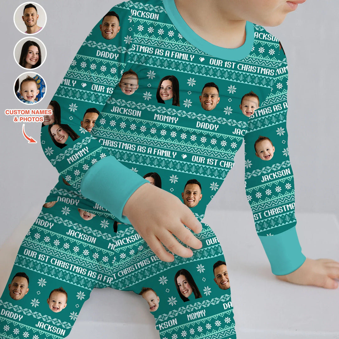 Custom Photo Our 1st Christmas as a Family Two Piece Long Sleeve Pajama Set , Custom Photo Our 1st Christmas as a Family Two Piece Long Sleeve Pajama Set - 12-18M
