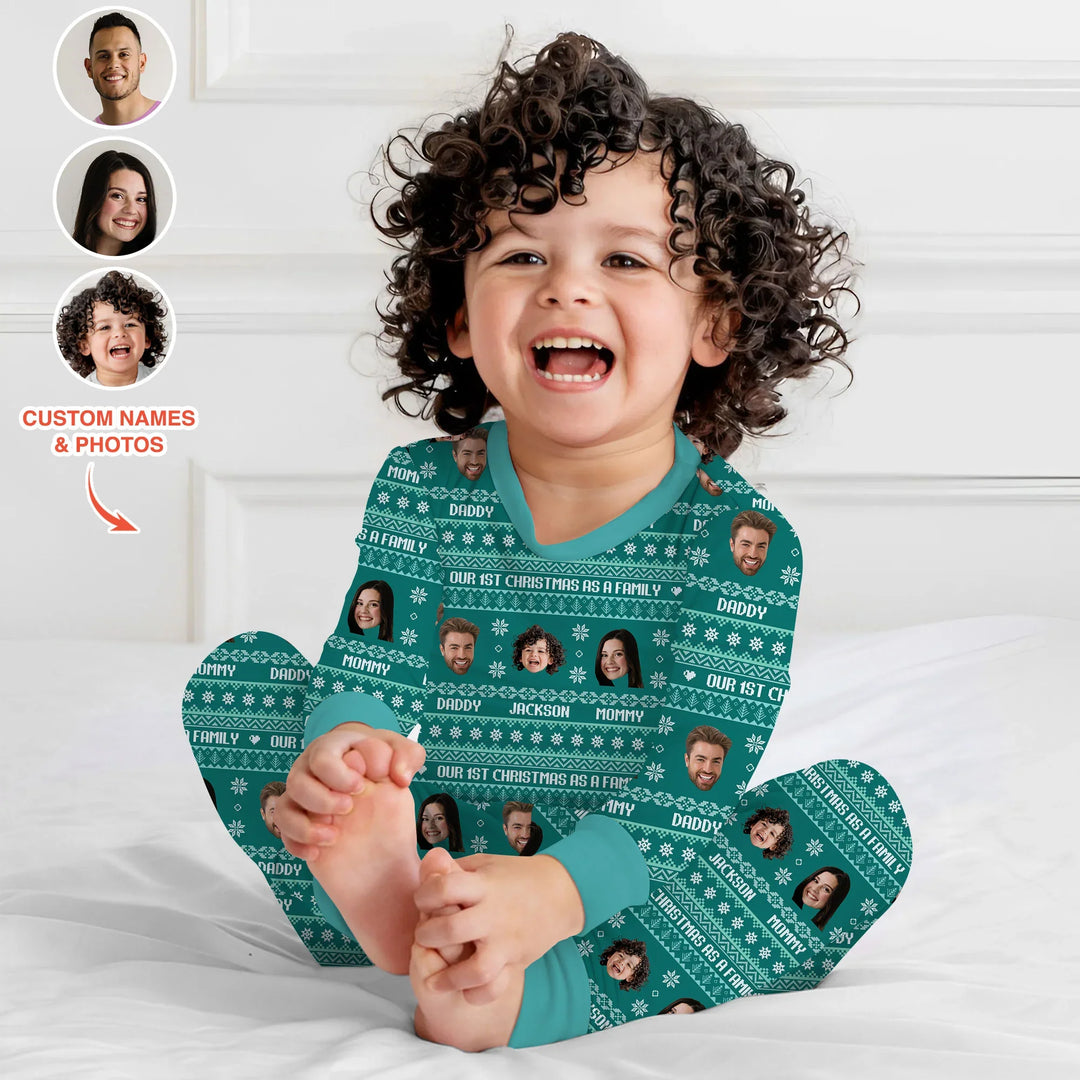Custom Photo Our 1st Christmas as a Family Two Piece Long Sleeve Pajama Set , Custom Photo Our 1st Christmas as a Family Two Piece Long Sleeve Pajama Set - 12-18M
