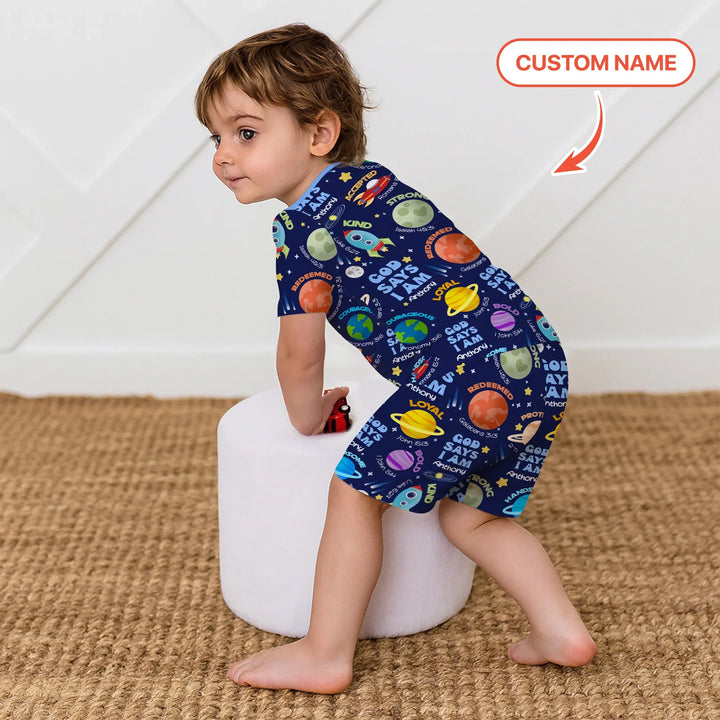 Space God Says I Am Custom Name Two Piece Short Sleeve Shorts Pajama Set , Space God Says I Am Custom Name Two Piece Short Sleeve Shorts Pajama Set - 12-18M