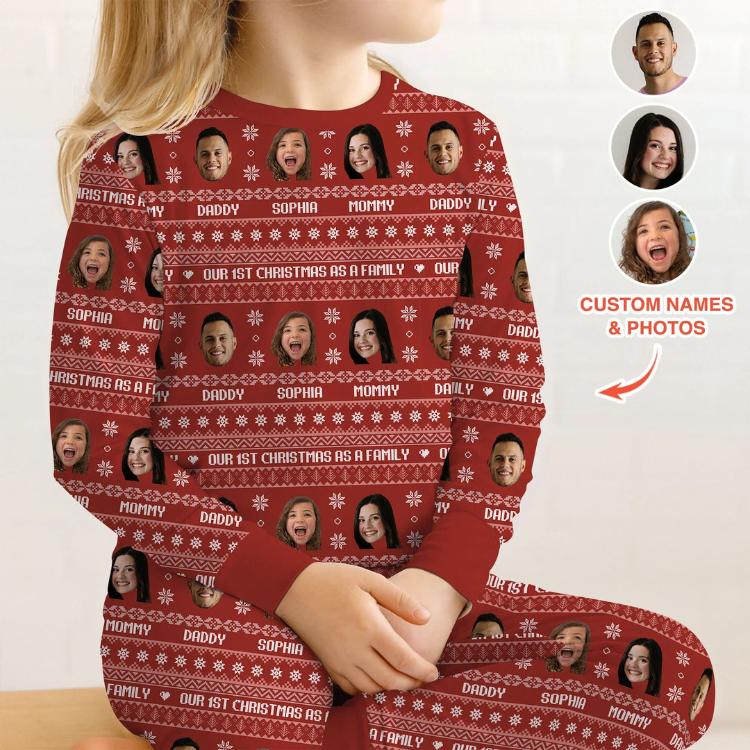 Custom Photo Our 1st Christmas as a Family Two Piece Long Sleeve Pajama Set , Custom Photo Our 1st Christmas as a Family Two Piece Long Sleeve Pajama Set - 12-18M