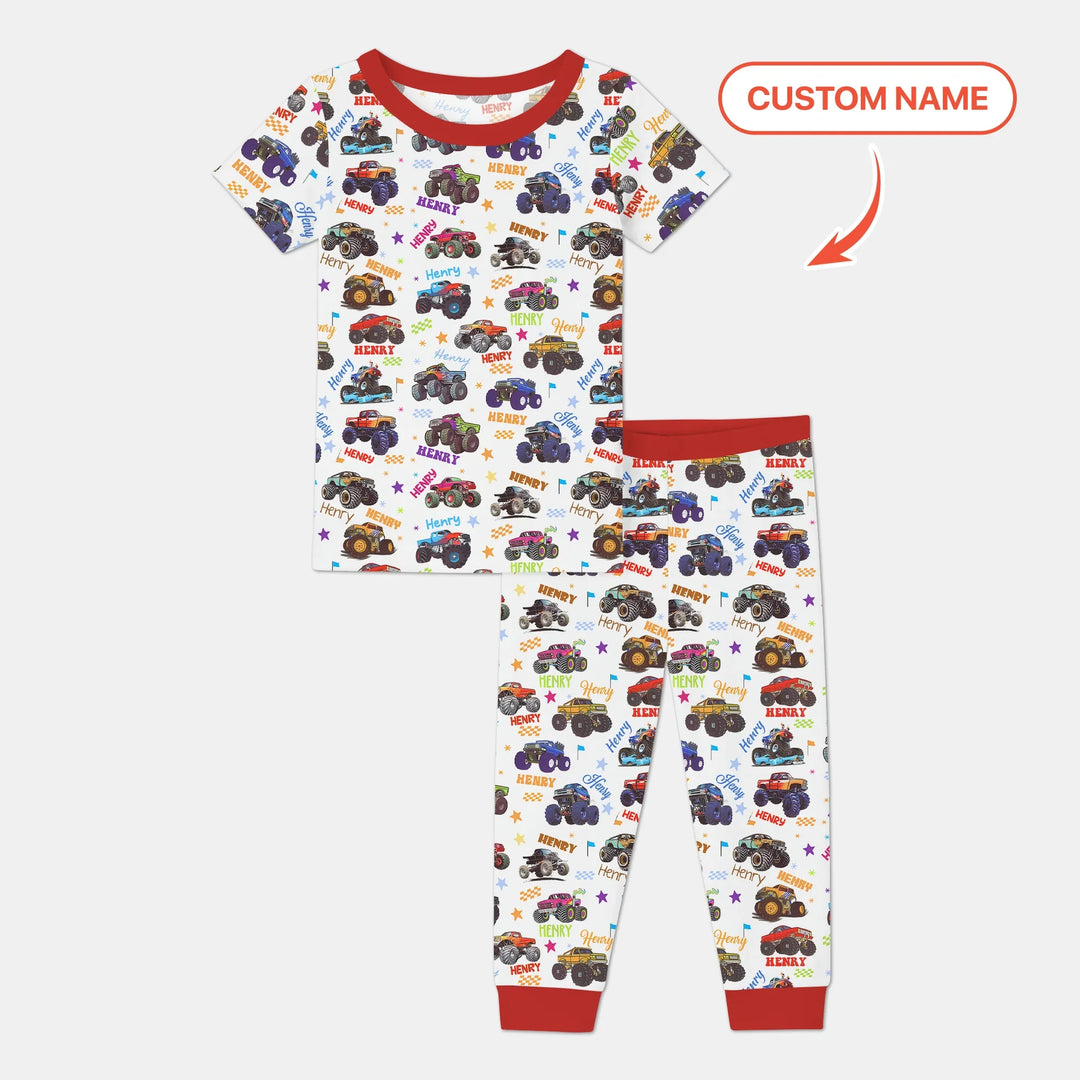 Monster Truck Custom Name Two Piece Short Sleeve Pajama Set
