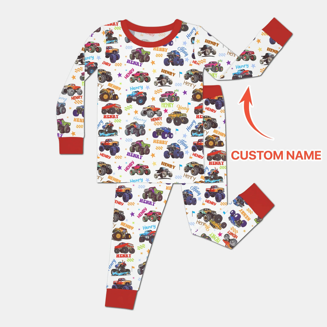 Monster Truck Custom Name Two Piece Long Sleeve Pajama Set