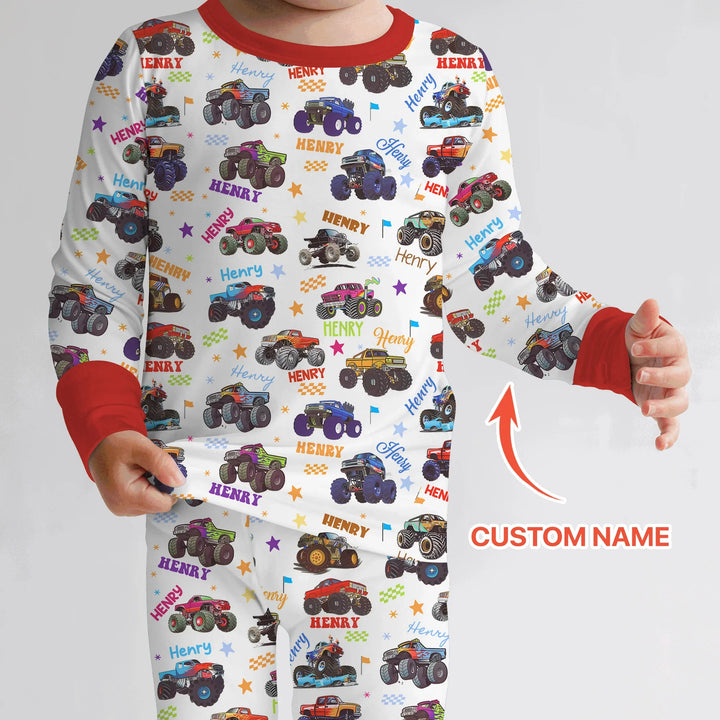 Monster Truck Custom Name Two Piece Long Sleeve Pajama Set