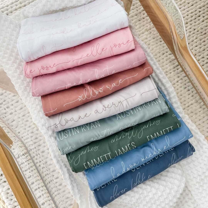Personalized Dusty Hues Baby Name Swaddle Blanket Block & Script , Personalized Dusty Hues Baby Name Swaddle Blanket Block & Script - Script / Light Rose on Pink