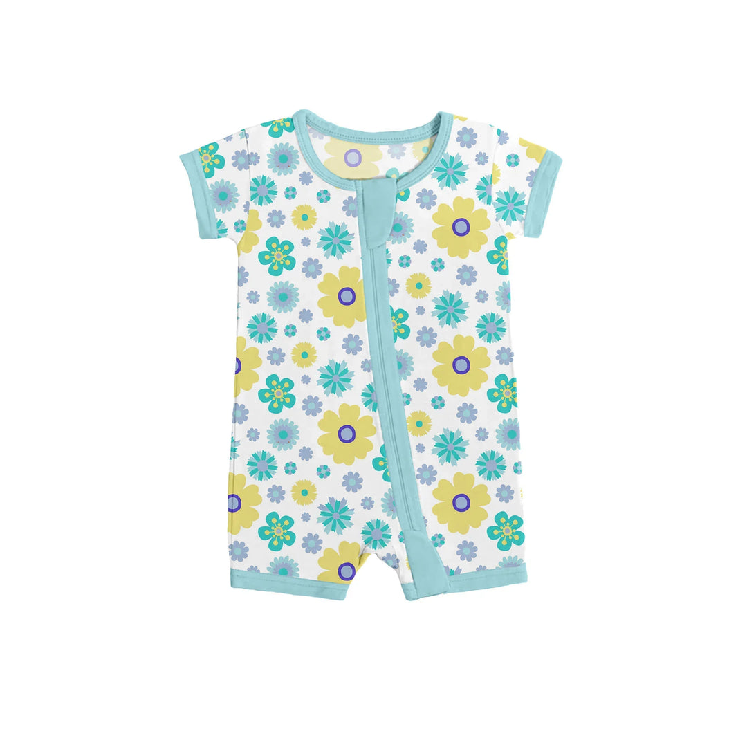 Aqua Floral Shorty Zippered Romper , Aqua Floral Shorty Zippered Romper - 0-3M