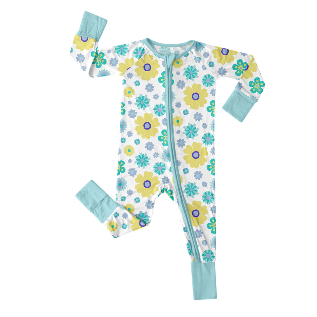 Aqua Floral Convertible Zippered Romper , Aqua Floral Convertible Zippered Romper - Newborn