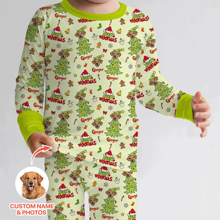 Custom Dog Photo Merry Woofmas Two Piece Long Sleeve Pajama Set
