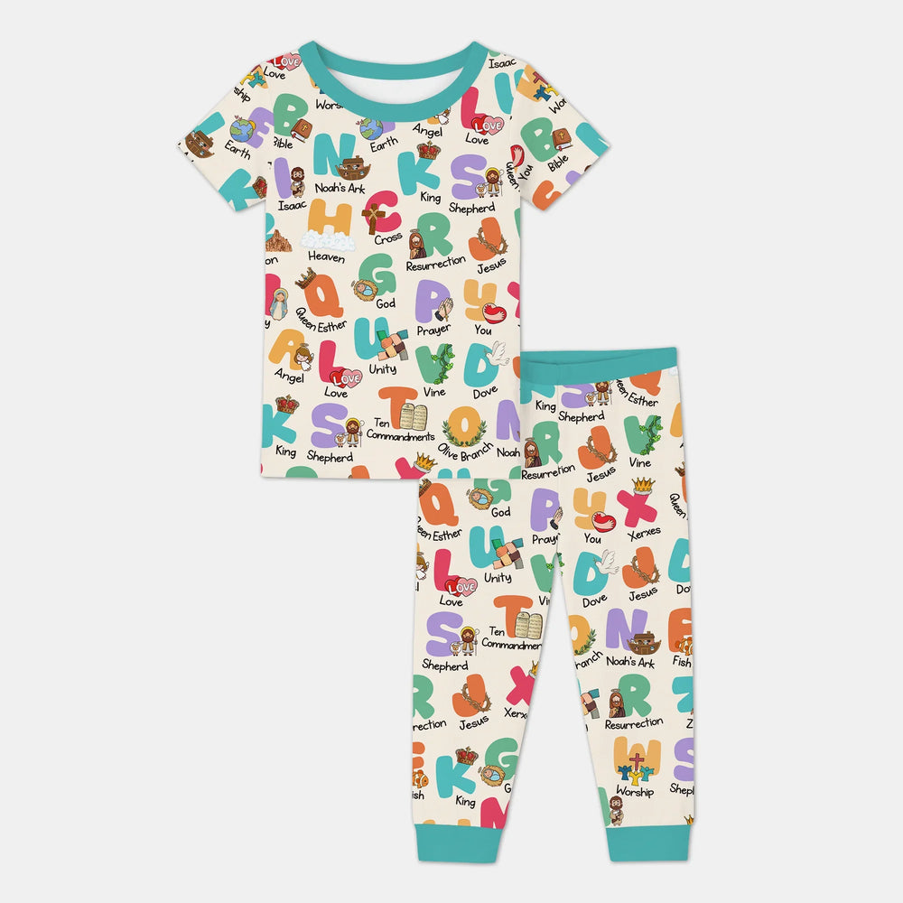 Biblical Alphabet Two Piece Short Sleeve Pajama Set , Biblical Alphabet Two Piece Short Sleeve Pajama Set - 12-18M / Teal